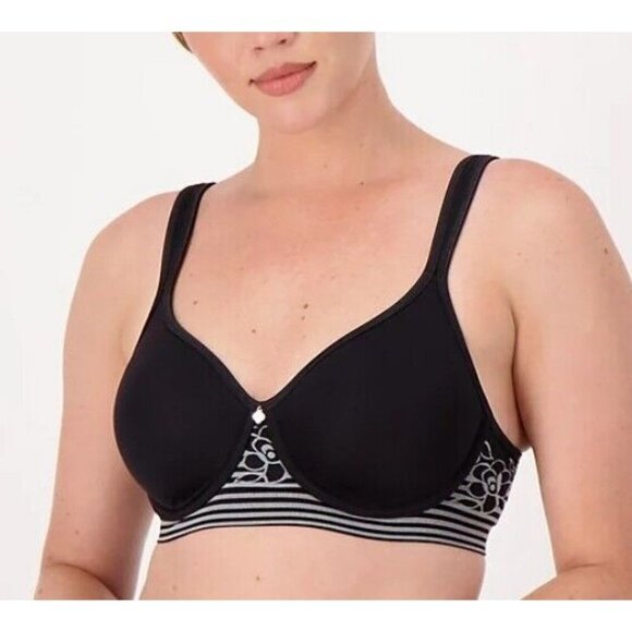 Breezies Floral Stripe Seamless Underwire T-Shirt Bra Black 40 D - Picture 1 of 1